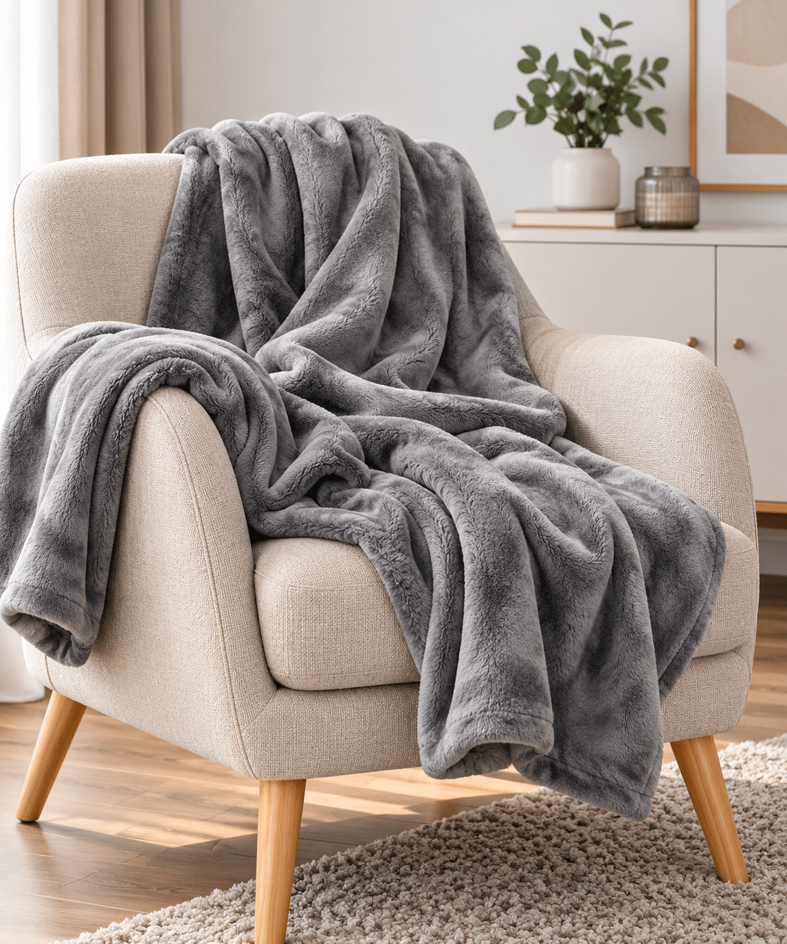 Couverture microflanelle gris acier au toucher peluche, drapée sur un fauteuil clair.