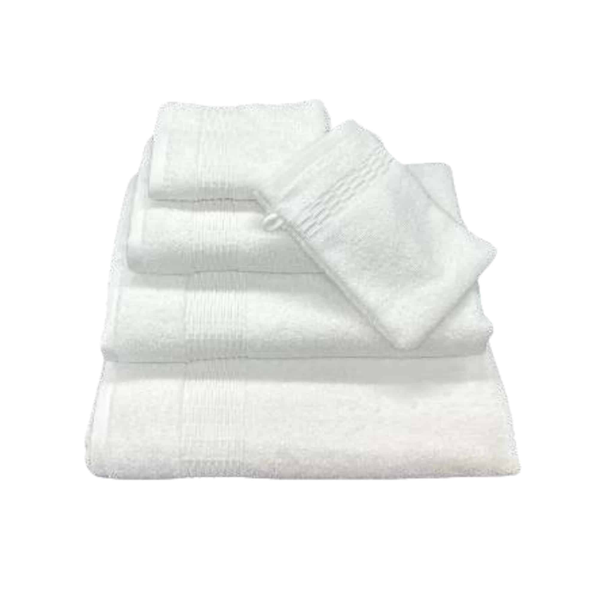 Serviettes et gant de toilette Isabelle coloris blanc en éponge 100 % coton 500 g/m² avec liteau décoratif.
