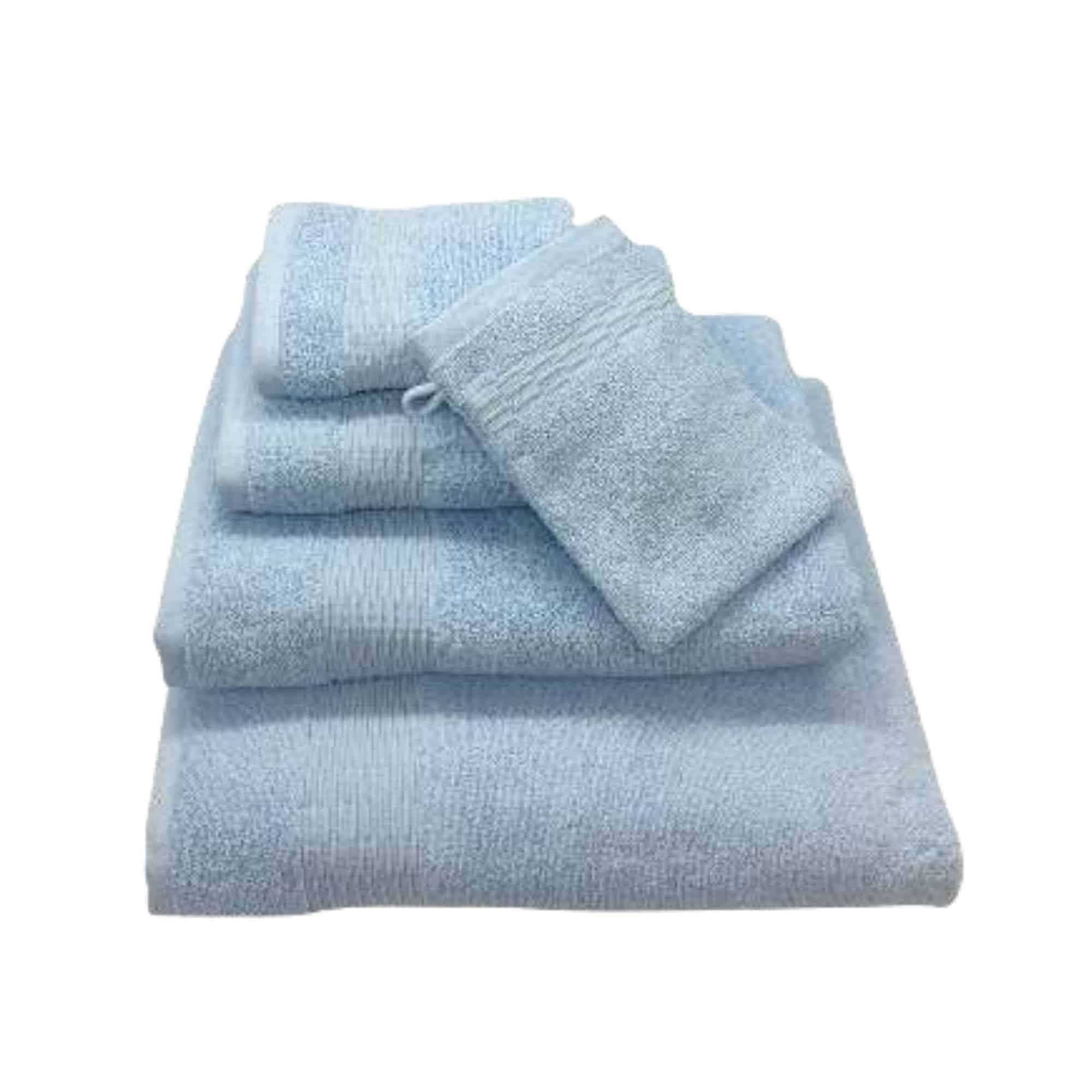 Serviettes de bain Isabelle bleu ciel en coton avec gant de toilette assorti.