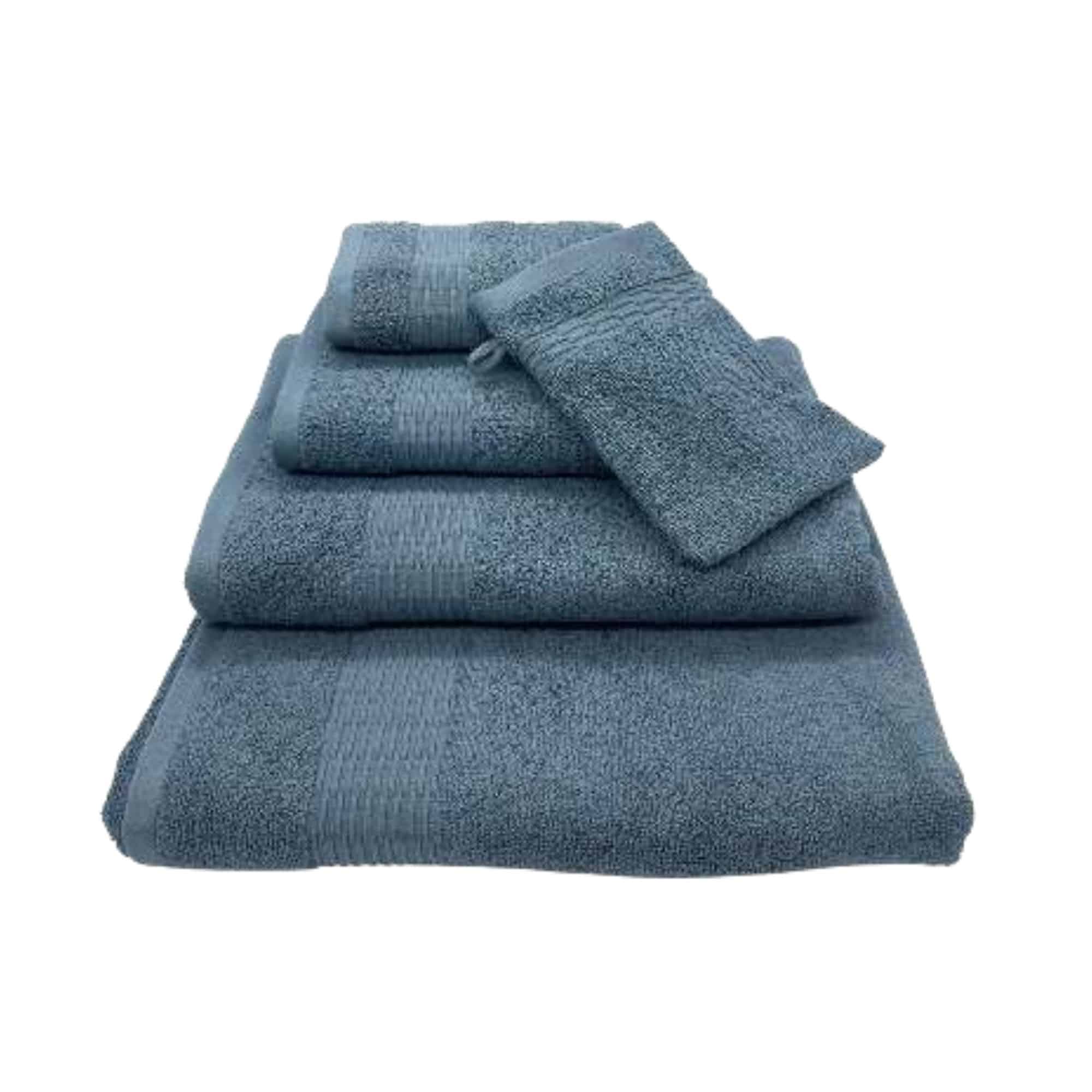 Ensemble de linge éponge Isabelle bleu pétrole avec serviettes et gant de toilette.