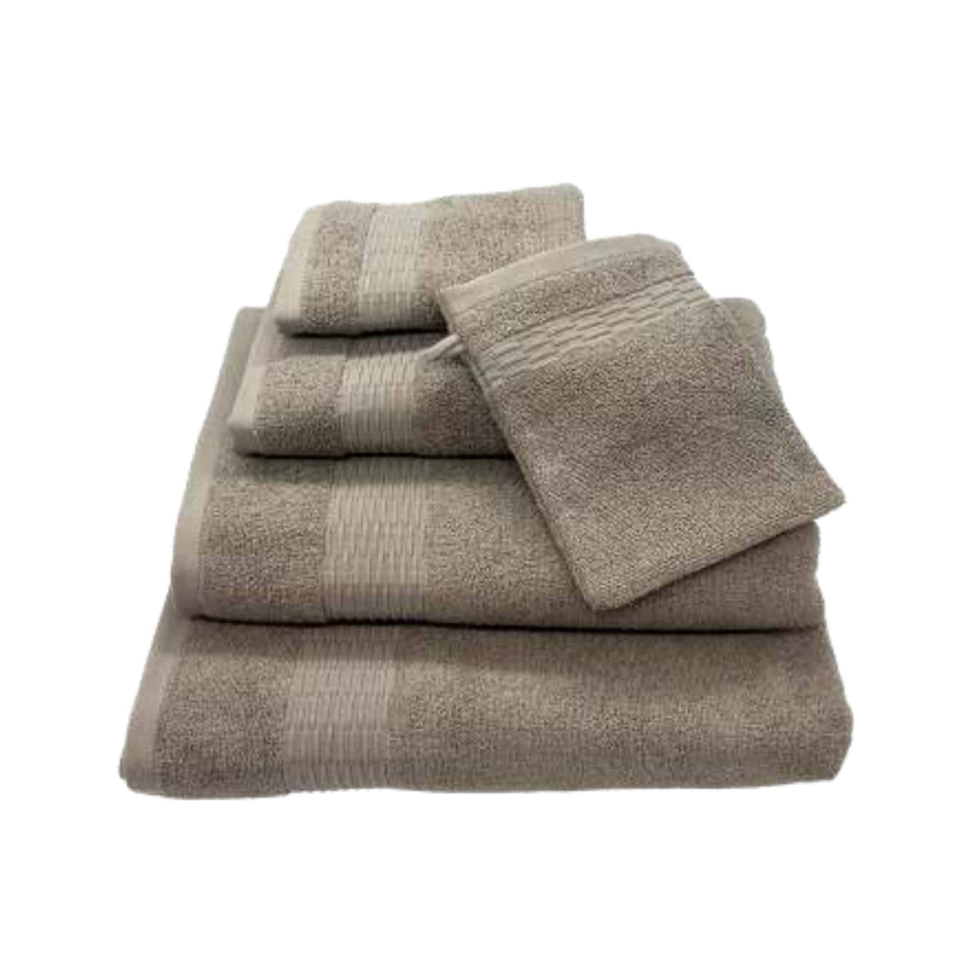 Draps de bain et serviettes Isabelle taupe en éponge coton avec gant assorti.