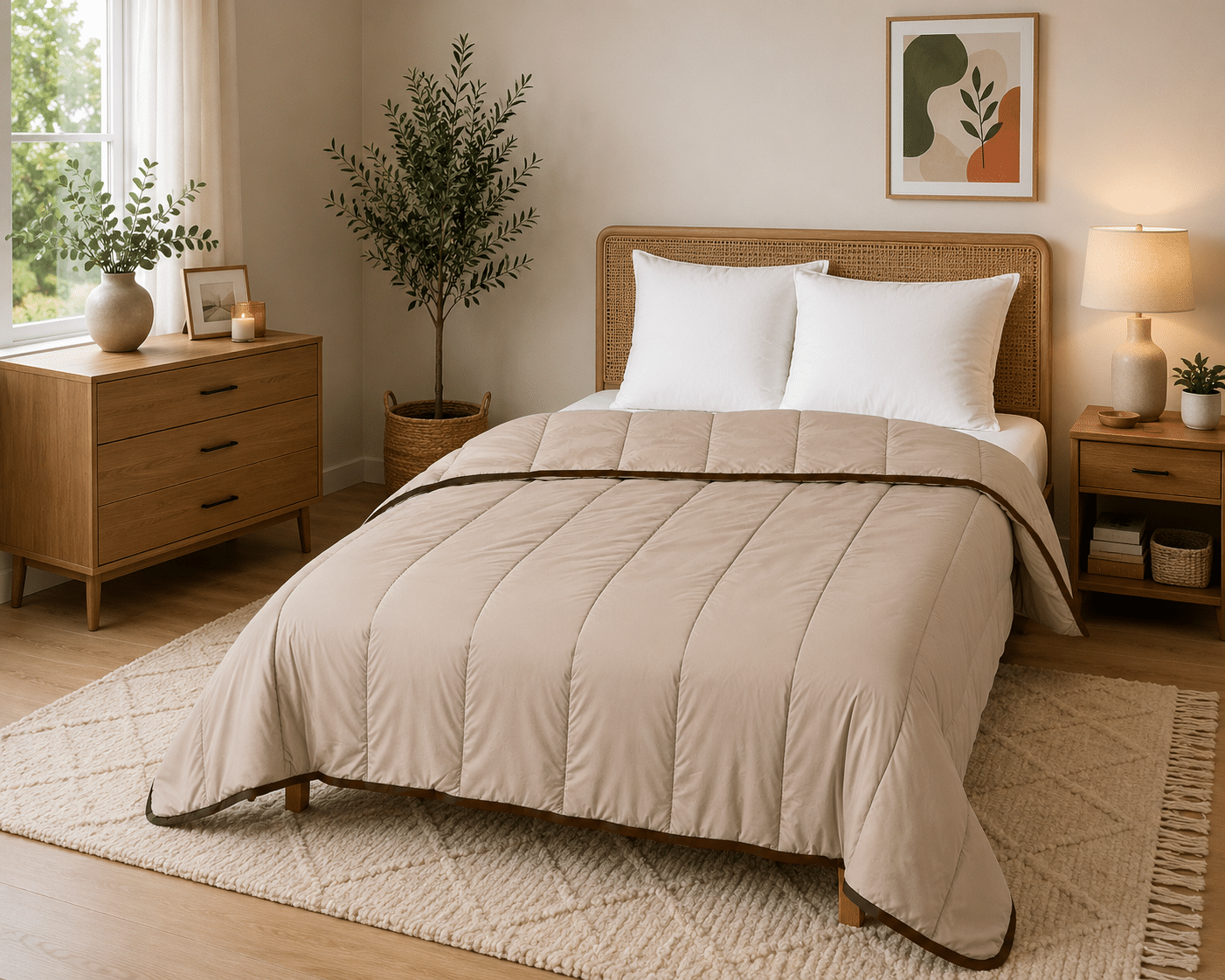 Couvre-lit MICO matelassé coloris taupe en microfibre sur lit double dans une chambre d’hôtel ou établissement professionnel.
