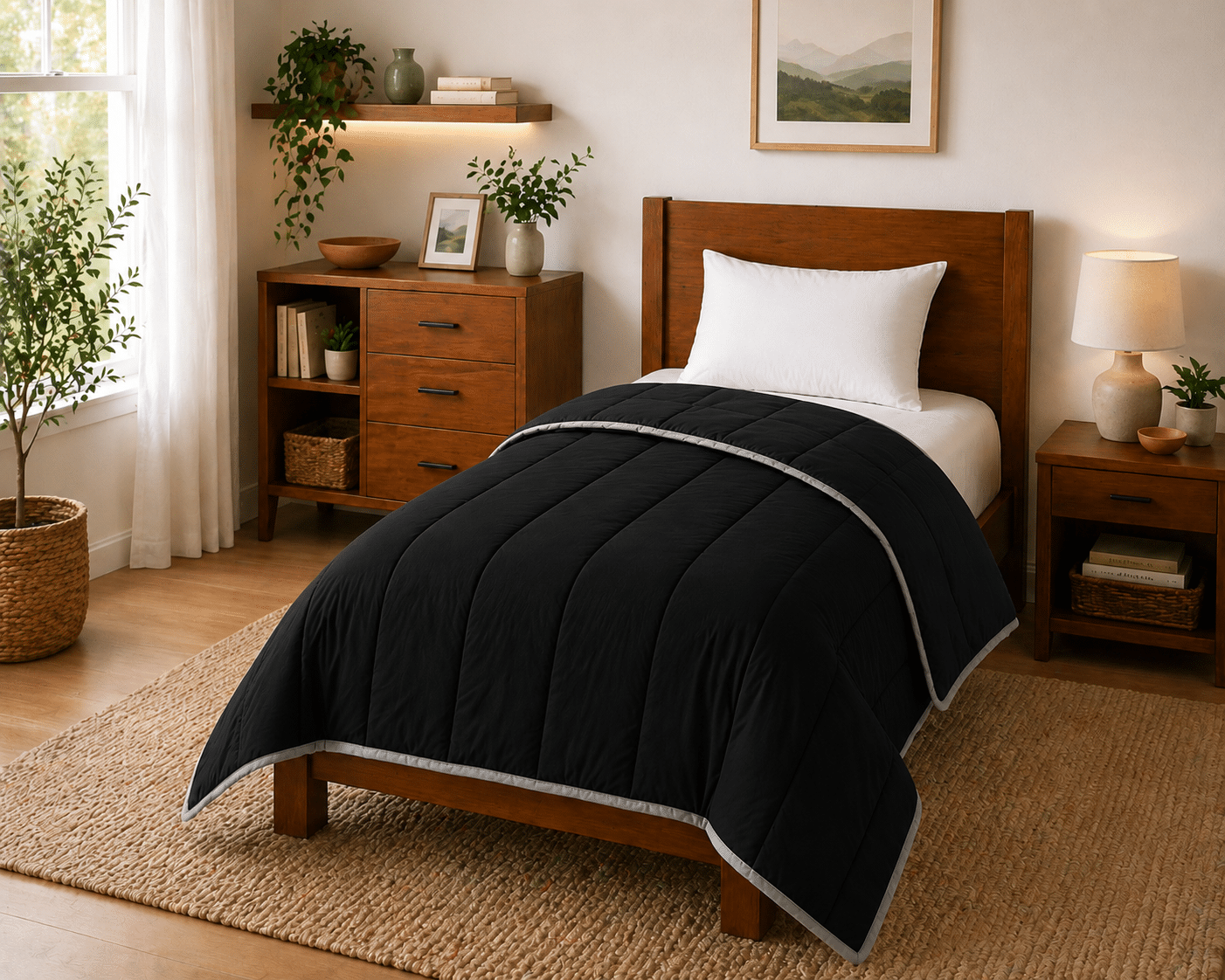 Couvre-lit MICO matelassé coloris noir sur lit simple dans une chambre, en microfibre polyester