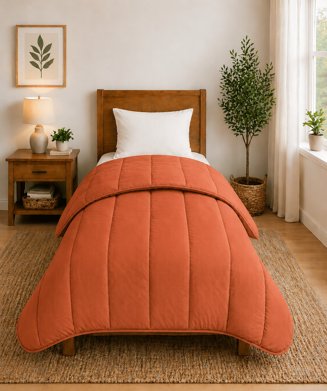 Couvre-lit MICO matelassé coloris terracotta sur lit simple dans une chambre, en microfibre polyester.