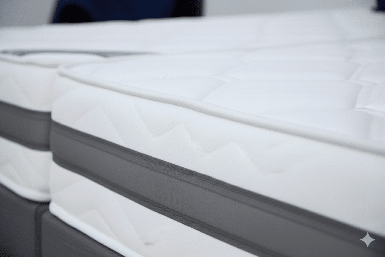Gros plan sur l’épaisseur d’un matelas utilisé en literie hôtelière montrant le plateau, le coutil et le galon