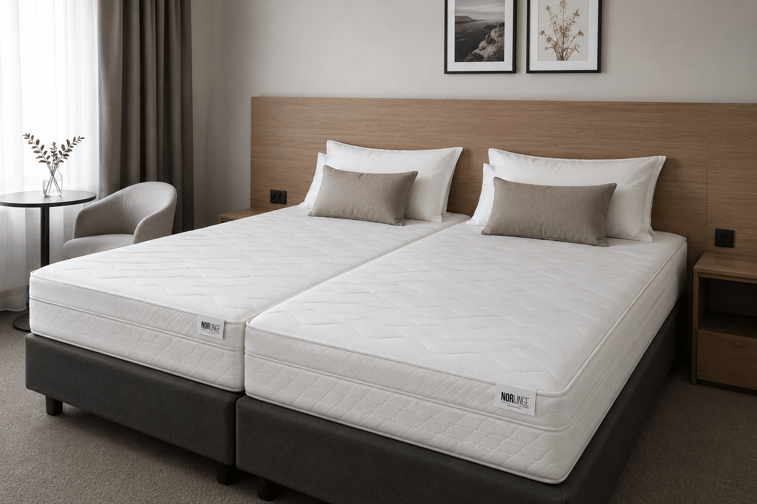 Deux matelas DUO Norlinge assemblés pour former un grand lit dans une chambre d’hôtel